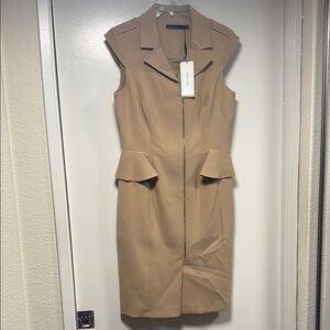Karen Millen Tan Sheath Dress with Notched Collar